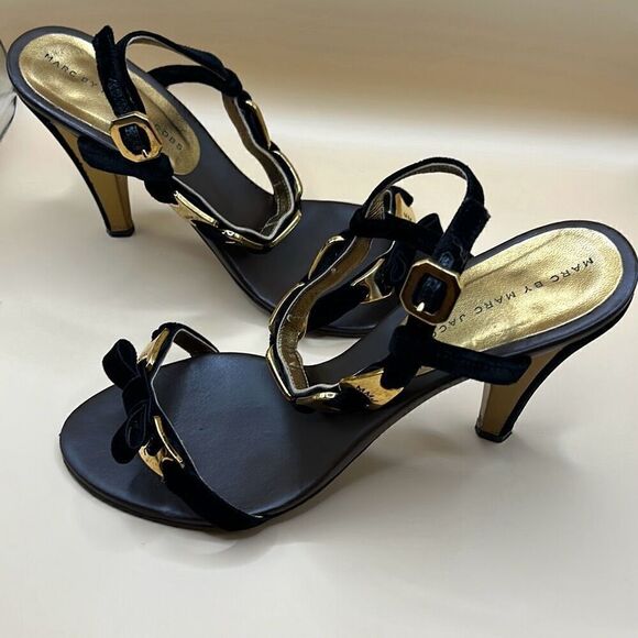Marc by Marc Jacobs Women's 40 Navy Velvet Bow Strap Heel Sandals Gold Hardwear - Picture 10 of 10